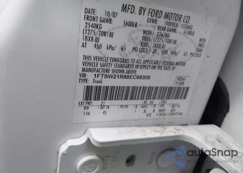 2008 Ford F-250 Lariat из США, поврежденный, VIN 1FTSW21R88EC68308